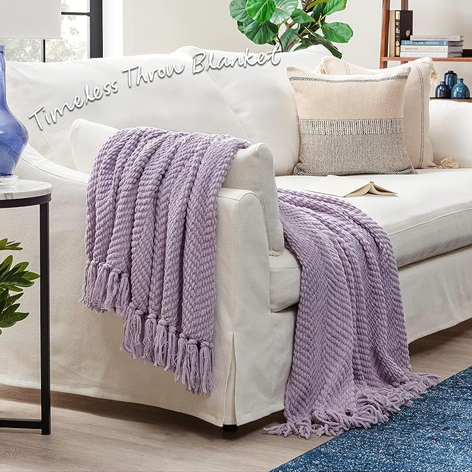 Chanasya Premium Textured Knit Throw Blanket with Tassels - Soft, Cozy Blanket for Couch, Bed, Living Room - 50" x 65” - Misty Lilac