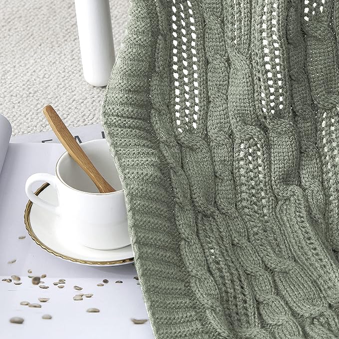 Aormenzy Cable Knit Throw Blankets 60 x 80 Inches, Soft Cozy and Lightweight Knitted Blanket, Machine Washable Acrylic Blanket, Decorative Throw Blanket for Couch Sofa Bed, Sage Green