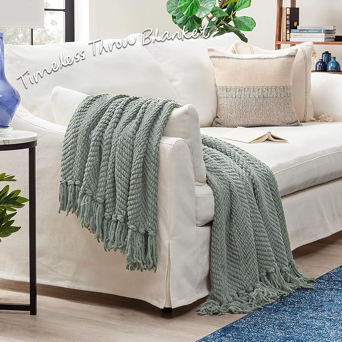 Chanasya Premium Textured Knit Throw Blanket with Tassels - Soft, Cozy Blanket for Couch, Bed, Living Room - 50" x 65” - Tan Sage
