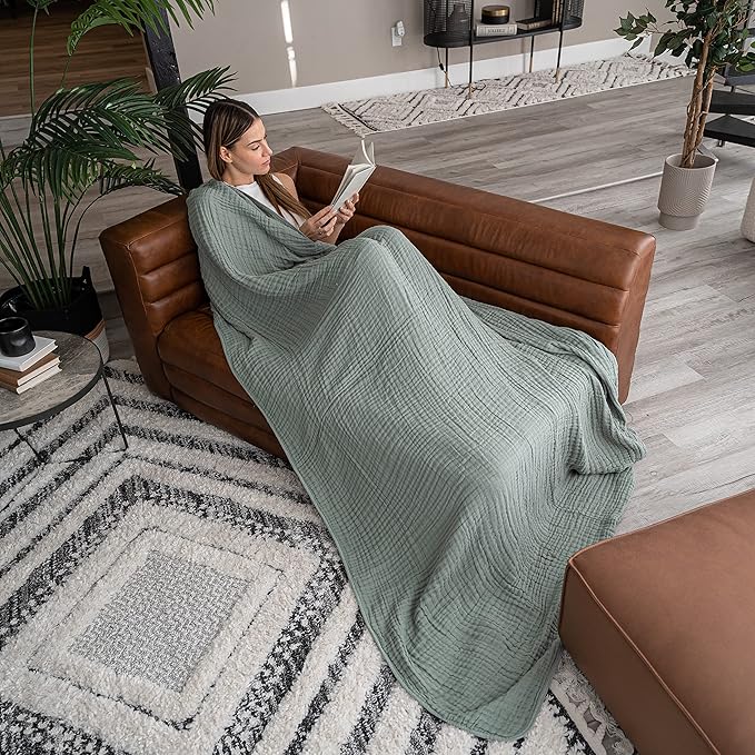 Comfy Cubs Muslin Blanket for Adults Twin 90" x 66" - 6 Layer Soft, Breathable & Lightweight Muslin Adult Blanket - Machine Washable & Designed in The US Bedding for All Seasons - Fern