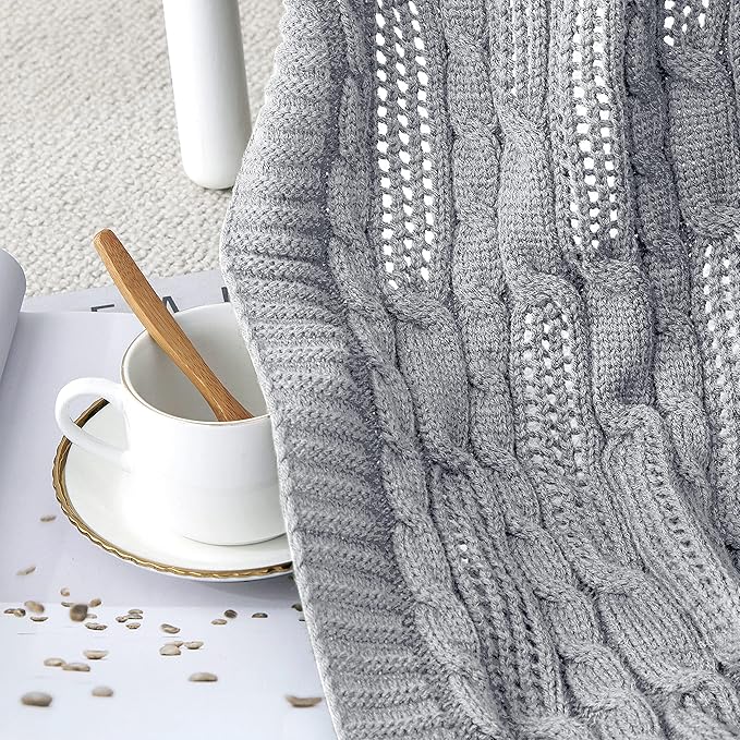 Aormenzy Cable Knit Throw Blankets 60 x 80 Inches, Soft Cozy and Lightweight Knitted Blanket, Machine Washable Acrylic Blanket, Decorative Throw Blanket for Couch Sofa Bed, Silver Grey