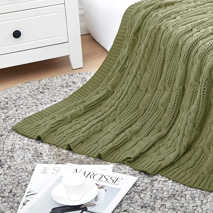 Aormenzy Cable Knit Throw Blankets 50 x 60 Inches, Soft Cozy and Lightweight Knitted Blanket, Machine Washable Acrylic Blanket, Decorative Throw Blanket for Couch Sofa Bed, Olive Green