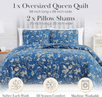 Southshore Fine Living, Inc. Oversized Full/Queen Quilt Set, Quilted Coverlet, Microfiber Quilt Bedding with 2 Quilted Pillow Shams, Floral Print, Lightweight Queen Bedspread, Blue Quilt Full Size