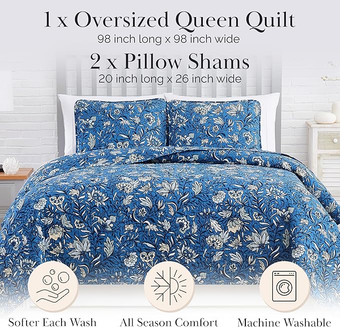 Southshore Fine Living, Inc. Oversized Full/Queen Quilt Set, Quilted Coverlet, Microfiber Quilt Bedding with 2 Quilted Pillow Shams, Floral Print, Lightweight Queen Bedspread, Blue Quilt Full Size