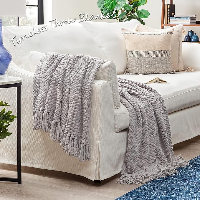 Chanasya Premium Textured Knit Throw Blanket with Tassels - Soft, Cozy Blanket for Couch, Bed, Living Room - 50" x 65” - Silver