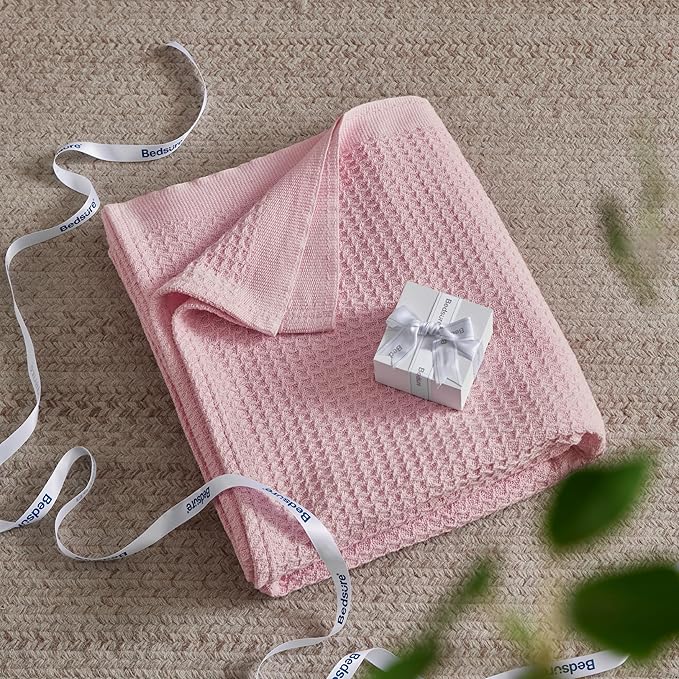 Bedsure Gentlesoft 100% Cotton Blanket Queen Size for Bed - Breathable and Soft for Spring Summer, Thick Cozy Waffle Weave Blanket Gifts for Women, Pink, 90x90 Inches