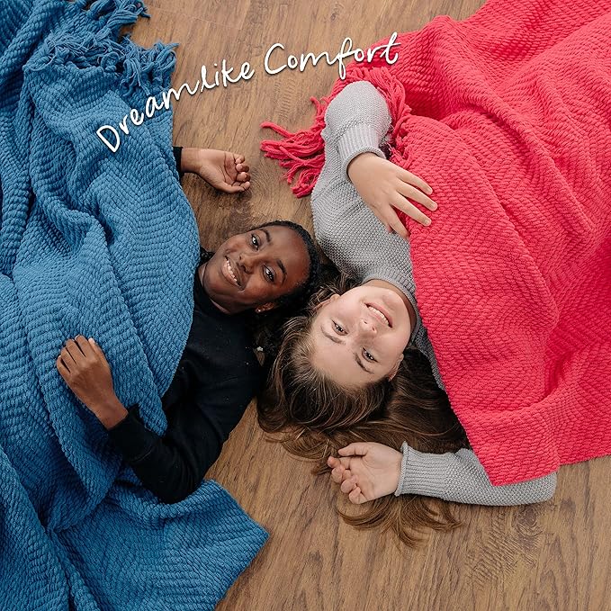 Chanasya Premium Textured Knit Throw Blanket with Tassels - Soft, Cozy Blanket for Couch, Bed, Living Room - 50" x 65” - Azalea