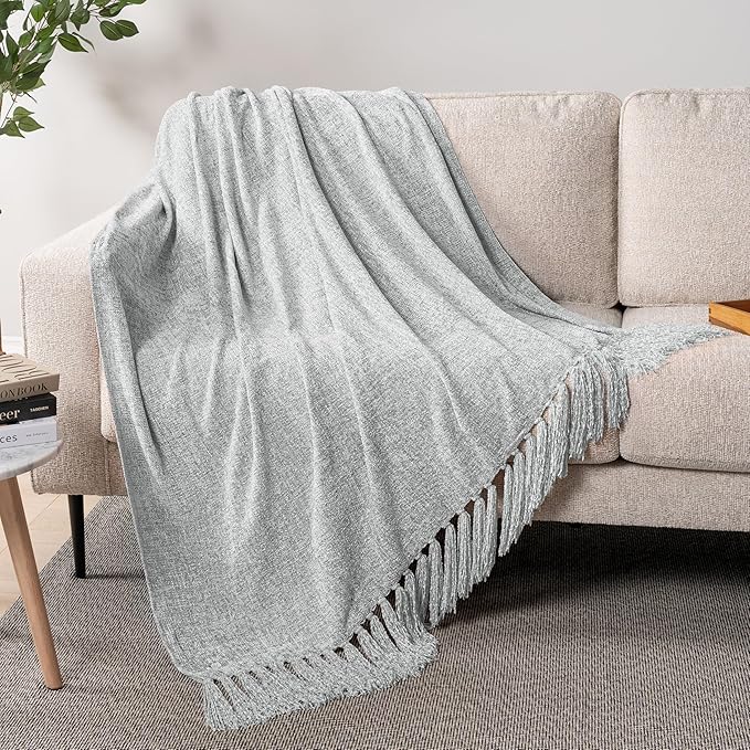 PAVILIA Light Gray Chenille Throw Blanket for Couch, Twin Size Bed, Sofa - Soft Knit Woven With Tassel, Decorative Textured for Living Room, Light Grey 60x80