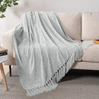 PAVILIA Light Gray Chenille Throw Blanket for Couch, Twin Size Bed, Sofa - Soft Knit Woven With Tassel, Decorative Textured for Living Room, Light Grey 60x80