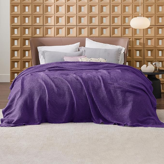Bedsure Gentlesoft 100% Cotton Blanket Queen Size for Bed - Breathable and Soft for Spring Summer, Thick Cozy Waffle Weave Blanket Gifts for Women, Purple, 90x90 Inches