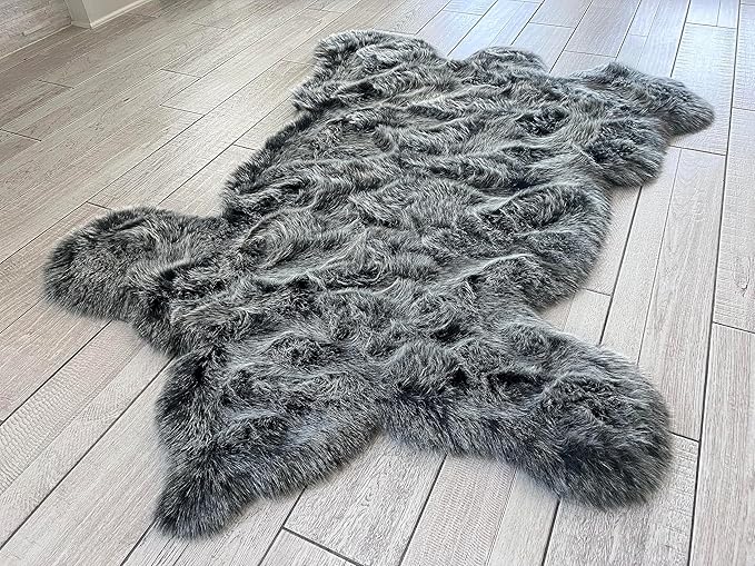 LAMBZY Bear Skin Rug Super Soft Fluffy Faux Fur for Bedroom Floor Sofa Living Room High-Density Plush Shaggy Carpet Sofa Cover Bedside Sheepskin Rug (3'x5', Black/White)