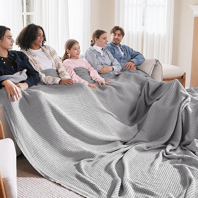 Bedsure Gentlesoft 100% Cotton Big Blanket Oversized King for Bed - Large Breathable Thick Cooling Waffle Weave Blanket for Summer, Couch Cover, Grey, 120x94 inches