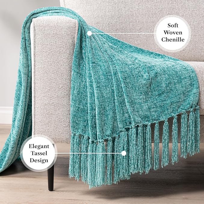 Pavilia Teal Green Throw Blanket for Couch, Twin Size Bed, Chenille, Soft Knit Woven Turquoise with Tassel, Decorative Textured for Living Room, 60x80