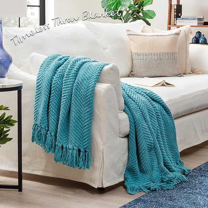 Chanasya Premium Textured Knit Throw Blanket with Tassels - Soft, Cozy Blanket for Couch, Bed, Living Room - 50" x 65” - Aqua