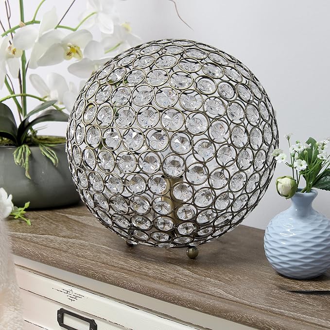 Elegant Designs LT1067-ABS 10" Elipse Crystal Collection Metal Crystal Ball Sequin Table Desk Lamp for Accent Lighting, Décor, Living Room, Antique Brass