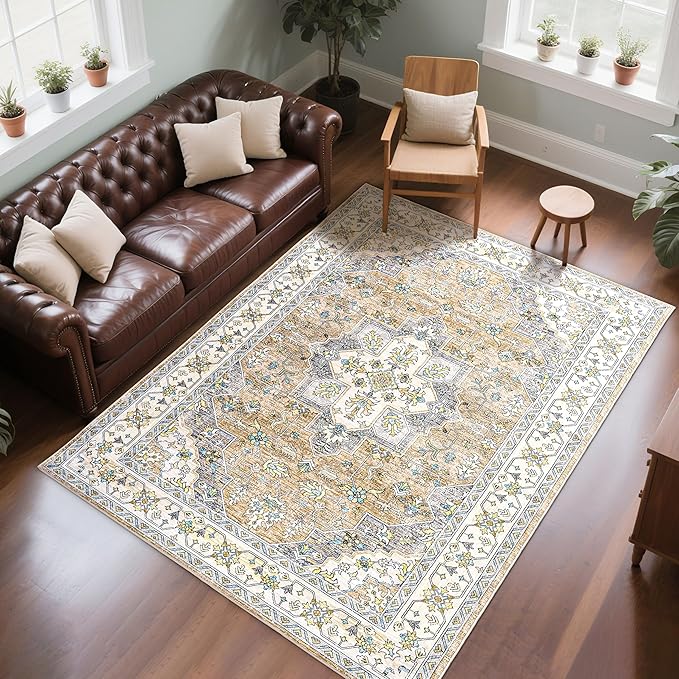 CRYPTOLITE 9x11 Area Rug for Living Room, Modern Washable Rug Non Slip Low Pile Large Area Rugs for Living Room, Bedroom, Farmhouse, Dining Room,Beige