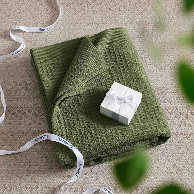 Bedsure Gentlesoft 100% Cotton Blanket Queen Size for Bed - Breathable and Soft for Spring Summer, Thick Cozy Waffle Weave Blanket Gifts for Women, Olive Green, 90x90 Inches
