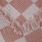 Chezmoi Collection Kendall Checkered Cotton Muslin Throw Blanket 50" W x 60" L, Knit Woven Gauze Blanket with Frayed Tassels for Bed Couch Travel Lightweight Breathable Cozy Throw, Dusty Rose/White