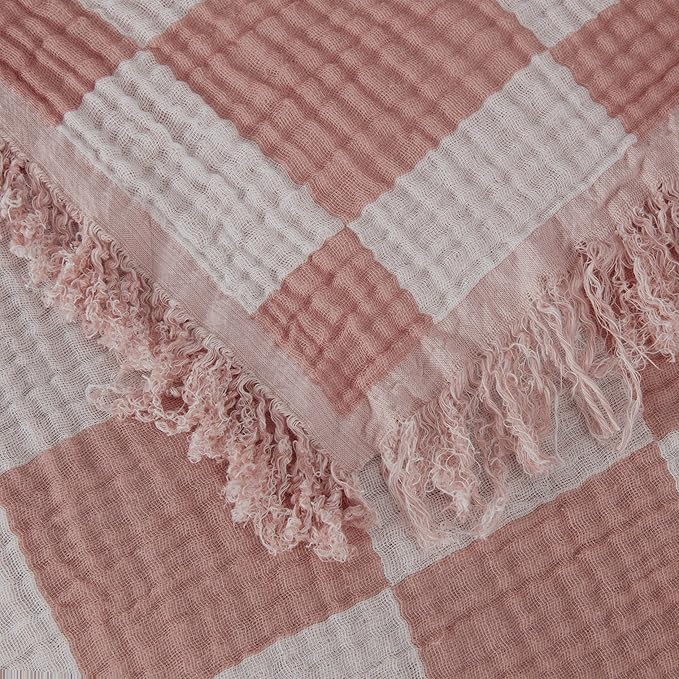 Chezmoi Collection Kendall Checkered Cotton Muslin Throw Blanket 50" W x 60" L, Knit Woven Gauze Blanket with Frayed Tassels for Bed Couch Travel Lightweight Breathable Cozy Throw, Dusty Rose/White