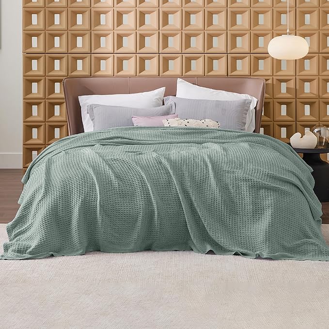 Bedsure Gentlesoft 100% Cotton Blanket Queen Size for Bed - Cooling Breathable and Soft for Spring Summer, Thick Cozy Waffle Weave Blanket Gifts for Women, Sage Green, 90x90 Inches