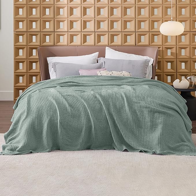 Bedsure Gentlesoft 100% Cotton Blanket King Size for Bed - Cooling Breathable and Soft for Spring Summer, Thick Cozy Waffle Weave Blanket Gifts for Women, Sage Green, 104x90 inches