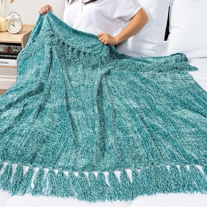 PAVILIA Teal Chenille Throw Blanket for Couch Sofa, Soft Turquoise Throw with Tassel, Decorative Blanket for Bed Chair Living Room, Teal 50x60