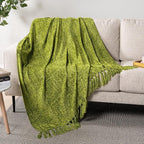 PAVILIA Olive Green Throw Blanket for Couch, Twin Size Bed, Chenille Blanket for Sofa Bed, Soft Knit Woven Blanket with Tassel, Decorative Textured Blanket for Living Room, Olive Green 60x80