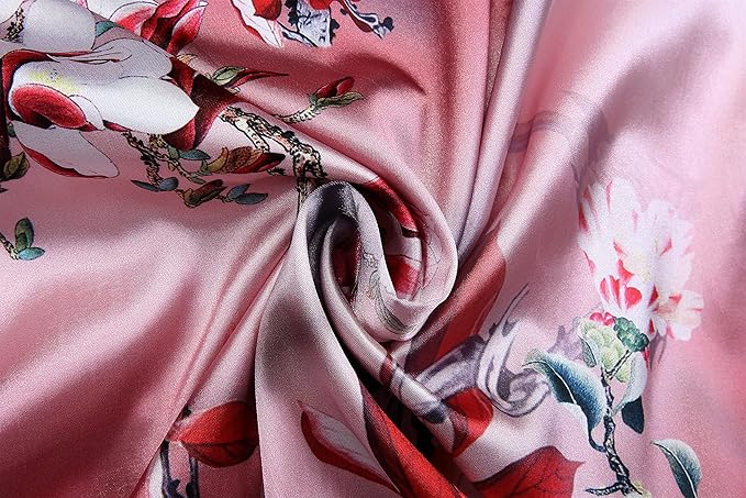 Valennia Women Long Silky Bathrobe Satin Kimono Robe Floral Printed Dressing Gown Sleepwear
