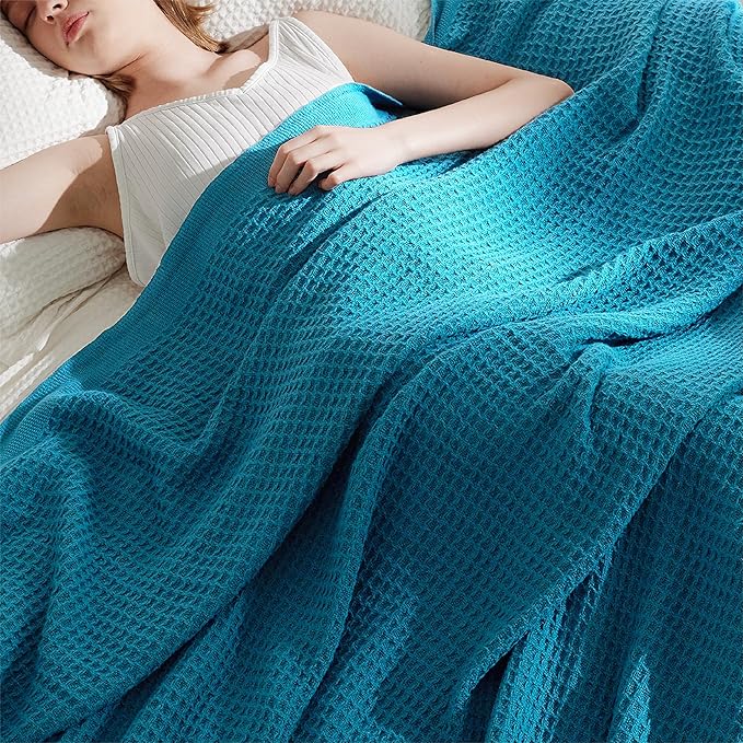 Bedsure Gentlesoft 100% Cotton Blanket Queen Size for Bed - Breathable and Soft for Spring Summer, Thick Cozy Waffle Weave Blanket Gifts for Women, Teal, 90x90 Inches