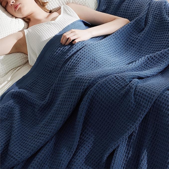 Bedsure Gentlesoft 100% Cotton Blanket Queen Size for Bed - Cooling Breathable and Soft for Spring Summer, Thick Cozy Waffle Weave Blanket Gifts for Women, Navy, 90x90 Inches