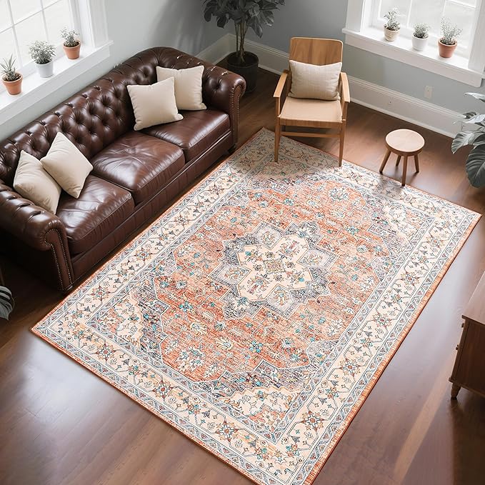 CRYPTOLITE 9x11 Area Rug for Living Room, Modern Washable Rug Non Slip Low Pile Large Area Rugs for Living Room, Bedroom, Farmhouse, Dining Room,Orange