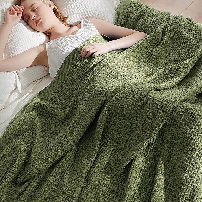 Bedsure Gentlesoft 100% Cotton Big Blanket Oversized King for Bed - Large Breathable Thick Waffle Weave Blanket for Summer, Couch Cover, Olive Green, 120x94 inches