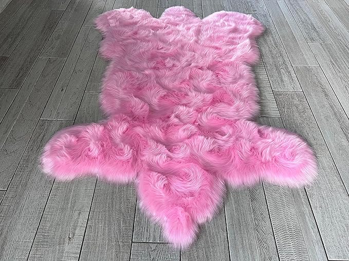 LAMBZY Bear Skin Rug Super Soft Fluffy Faux Fur for Bedroom Floor Sofa Living Room High-Density Plush Shaggy Carpet Sofa Cover Bedside Sheepskin Rug (3'x5', Pink)