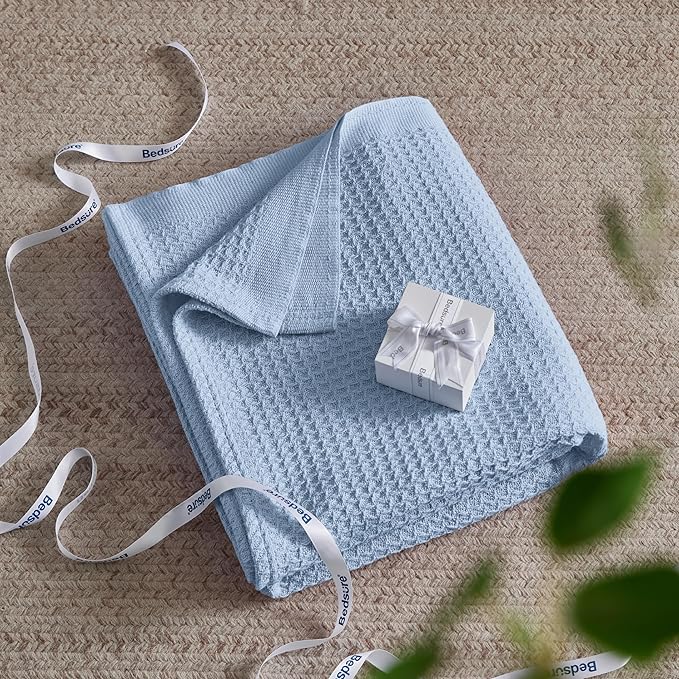 Bedsure Gentlesoft 100% Cotton Throw Blanket for Couch 50x70 inches - Cooling Breathable and Soft for Spring Summer, Waffle Weave Throw Blanket for Office, Sky Blue