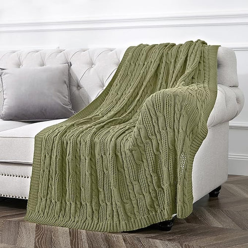 Aormenzy Cable Knit Throw Blankets 50 x 60 Inches, Soft Cozy and Lightweight Knitted Blanket, Machine Washable Acrylic Blanket, Decorative Throw Blanket for Couch Sofa Bed, Olive Green