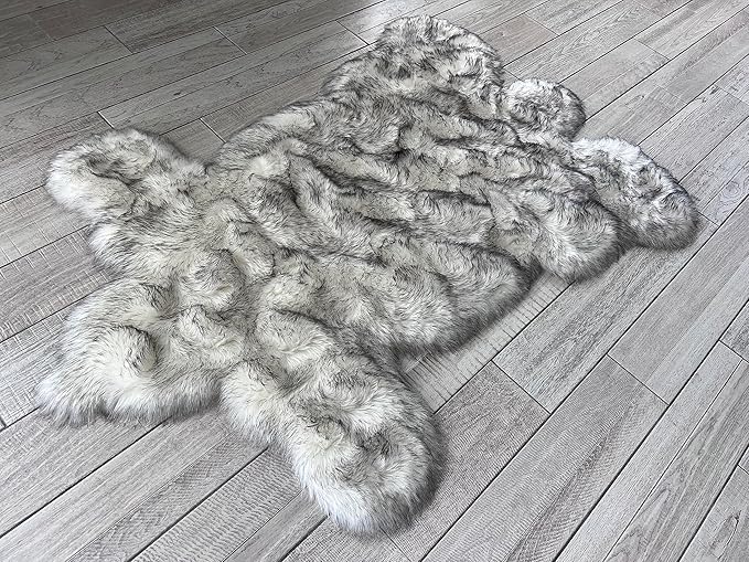 LAMBZY Bear Skin Rug Super Soft Fluffy Faux Fur for Bedroom Floor Sofa Living Room High-Density Plush Shaggy Carpet Sofa Cover Bedside Sheepskin Rug (6'x9', White/Black)