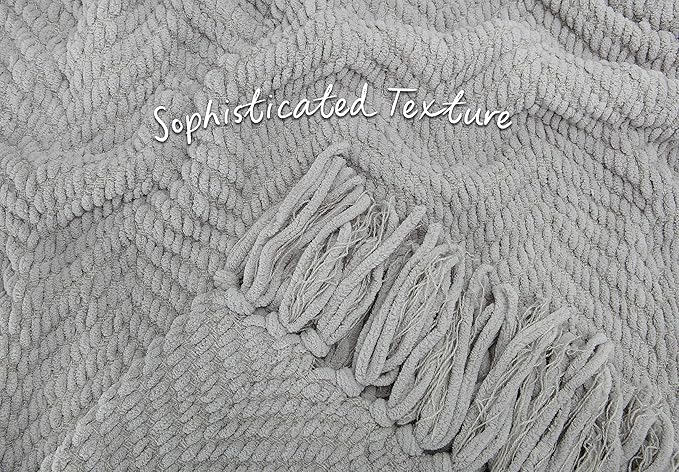 Chanasya Premium Textured Knit Throw Blanket with Tassels - Soft, Cozy Blanket for Couch, Bed, Living Room - 50" x 65” - Silver