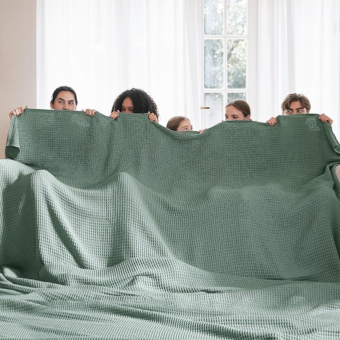 Bedsure Gentlesoft 100% Cotton Big Blanket Oversized King for Bed - Large Breathable Thick Cooling Waffle Weave Blanket for Summer, Couch Cover, Sage Green, 120x94 inches