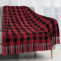 PAVILIA Plaid Chenille Blanket for Twin Size Bed, Soft Black and Red Buffalo Plaid Checkered with Tassel Fringe, Woven Knitted Decorative Blanket for Sofa Couch Living Room Decor Gift Twin 60x80
