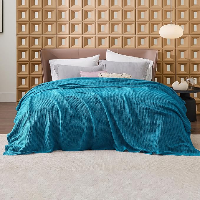 Bedsure Gentlesoft 100% Cotton Blanket Queen Size for Bed - Breathable and Soft for Spring Summer, Thick Cozy Waffle Weave Blanket Gifts for Women, Teal, 90x90 Inches