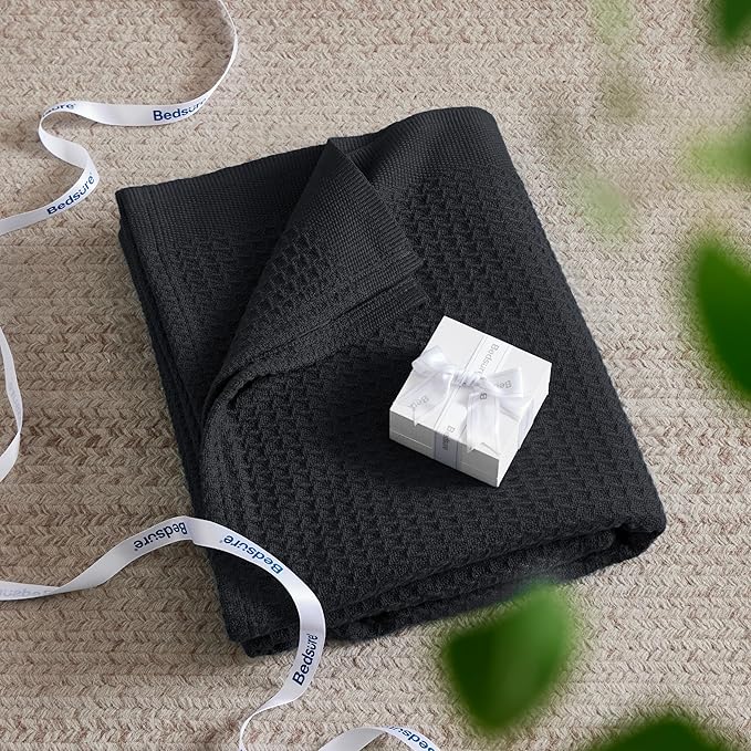 Bedsure Gentlesoft 100% Cotton Blanket Twin XL Size for College Dorm - Cooling Breathable and Soft for Spring Summer, Waffle Weave Twin Blanket for Bed, Dorm Room Essentials, Black, 66x90 inches