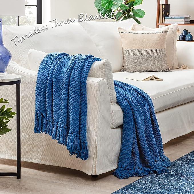 Chanasya Premium Textured Knit Throw Blanket with Tassels - Soft, Cozy Blanket for Couch, Bed, Living Room - 50" x 65” - Blue