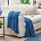 Chanasya Premium Textured Knit Throw Blanket with Tassels - Soft, Cozy Blanket for Couch, Bed, Living Room - 50" x 65” - Blue