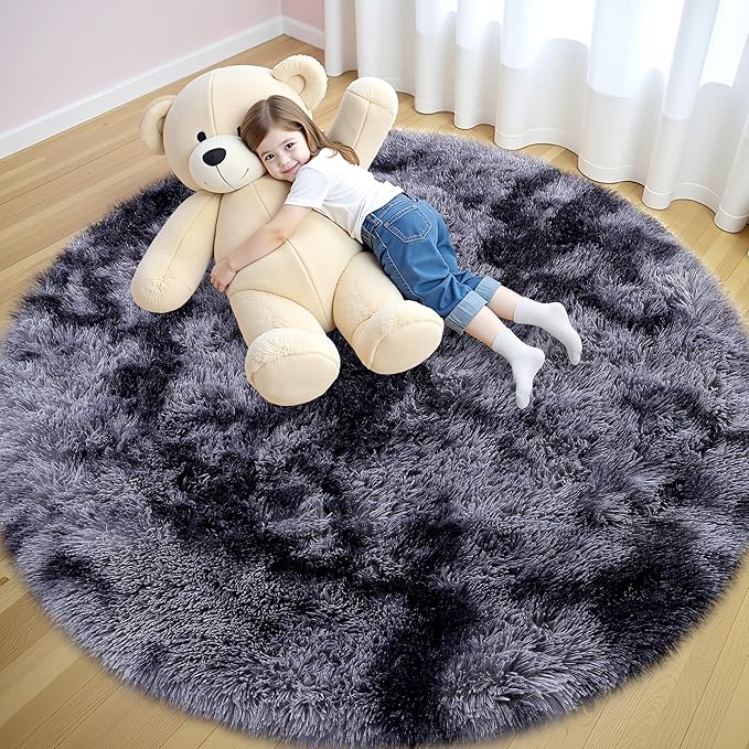 OLANLY Light Grey Tie-dye Round Rugs for Bedroom - Machine Washable, 5x5 Feet Circle Area Rugs for Living Room, Soft and Fluffy Shaggy Carpet for Teen Girls and Boys, Dorms, Home Decor Aesthetic