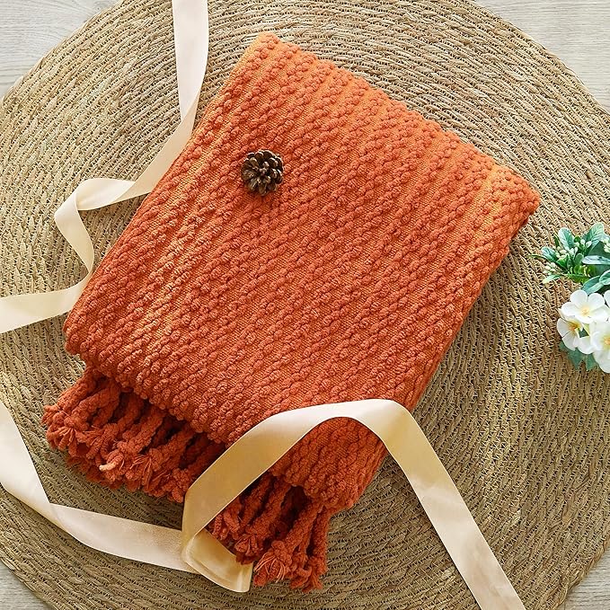 Striped Knit Throw Blanket with Braided Tassels 50" x 60", Hand Knitted Soft Chunky Chain Design Boho Farmhouse Blanket, Solid Color Tassel Decor Throw for Couch Bed Sofa Outdoor, Burnt Orange