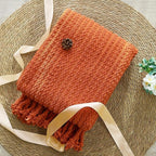 Striped Knit Throw Blanket with Braided Tassels 50" x 60", Hand Knitted Soft Chunky Chain Design Boho Farmhouse Blanket, Solid Color Tassel Decor Throw for Couch Bed Sofa Outdoor, Burnt Orange