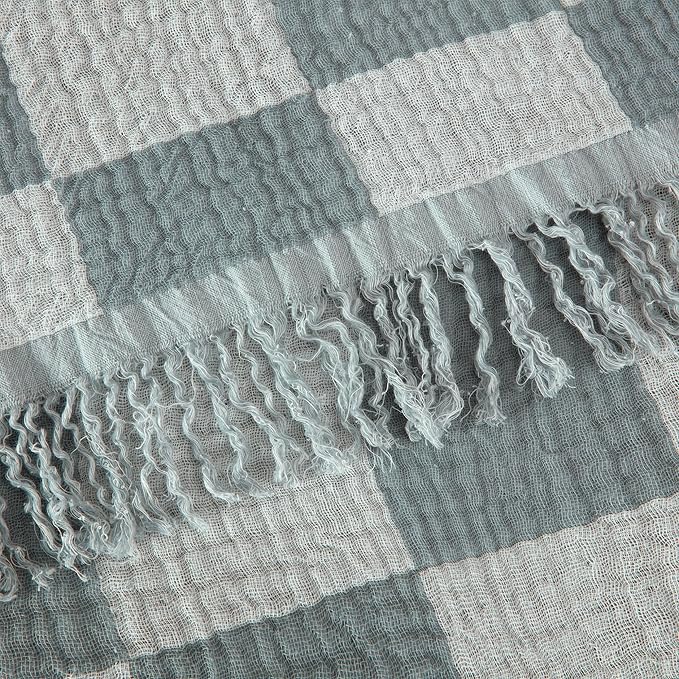 Chezmoi Collection Kendall Checkered Cotton Muslin Throw Blanket 50" W x 60" L, Knit Woven Gauze Blanket with Frayed Tassels for Bed Couch Travel Lightweight Breathable Cozy Throw, Gray/White