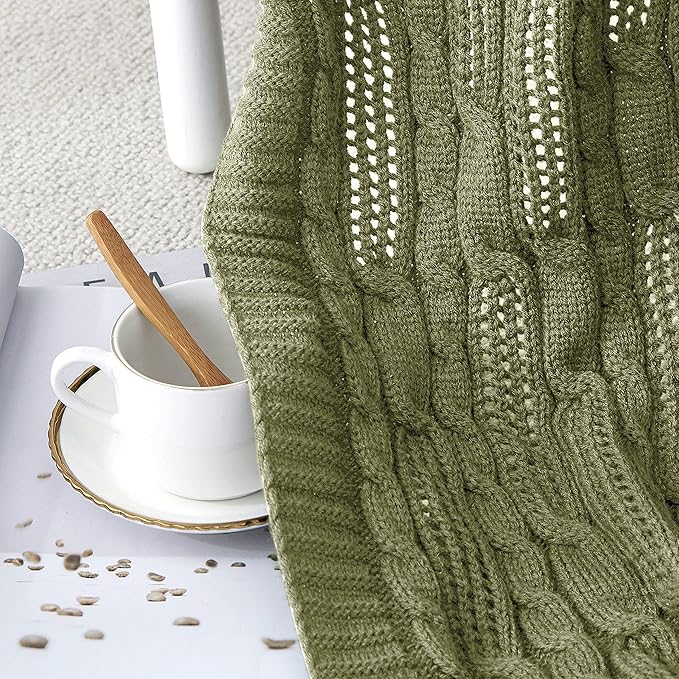 Aormenzy Cable Knit Throw Blankets 50 x 60 Inches, Soft Cozy and Lightweight Knitted Blanket, Machine Washable Acrylic Blanket, Decorative Throw Blanket for Couch Sofa Bed, Olive Green