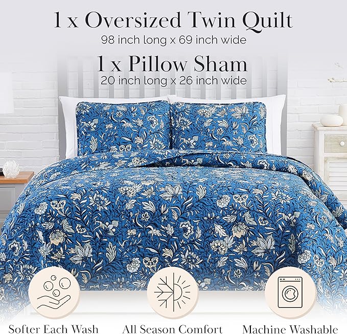 Southshore Fine Living, Inc. Oversized Quilt Bedding Set, Twin XL Coverlet with Matching Pillow Sham, Blooming Floral Coverlet, All Season Quilt Bedspread, Lightweight Twin XL Quilts, Floral Blue