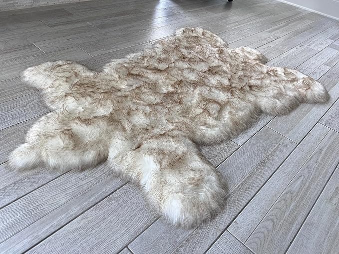 LAMBZY Bear Skin Rug Super Soft Fluffy Faux Fur for Bedroom Floor Sofa Living Room High-Density Plush Shaggy Carpet Sofa Cover Bedside Sheepskin Rug (2'x3', White/Brown)